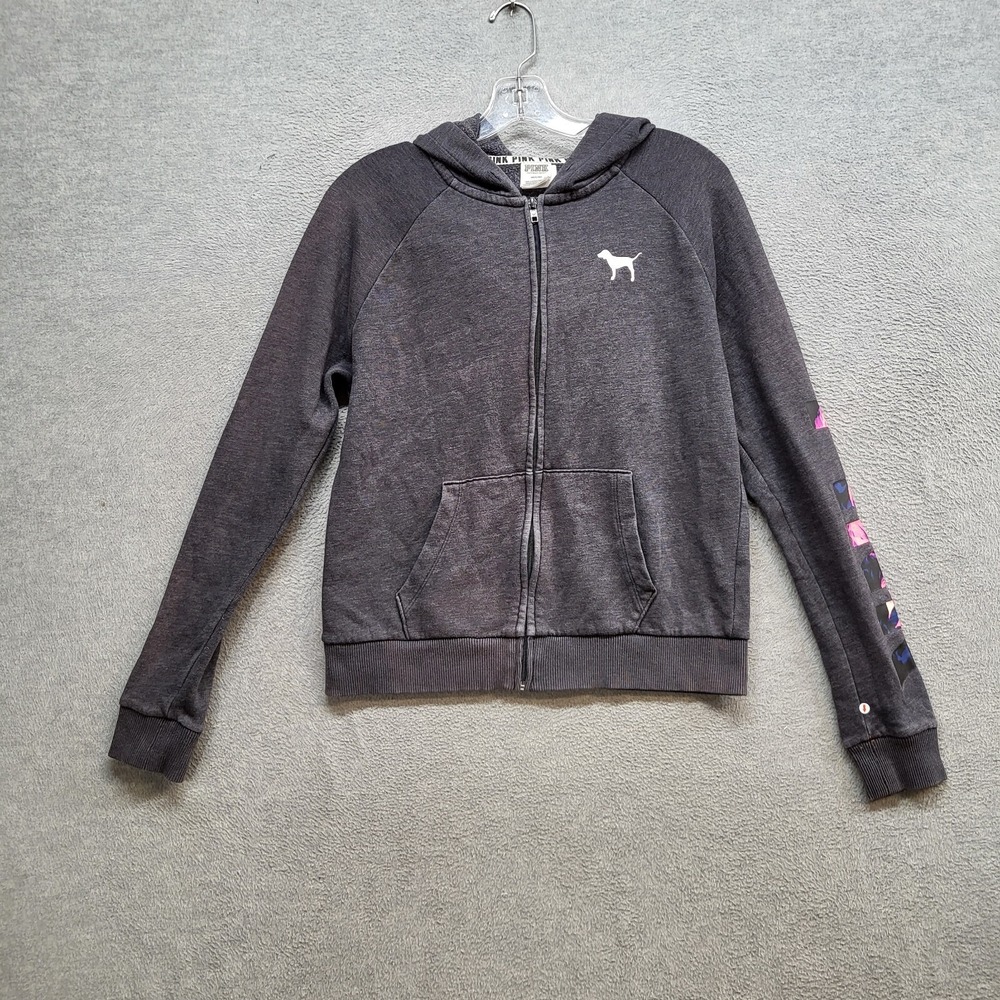PINK Victoria's Secret Women Sweatshirt Medium Gray Full Zip Hoodie Logo READ